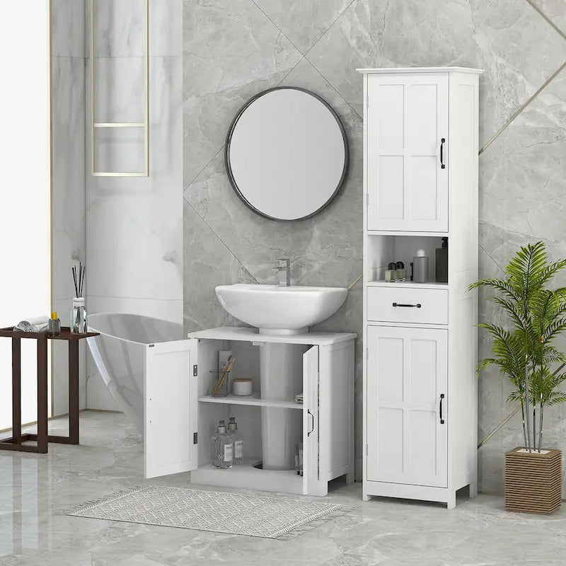 Meuble sous-lavabo, Meuble sous-lavabo sur pied avec étagère réglable, Blanc