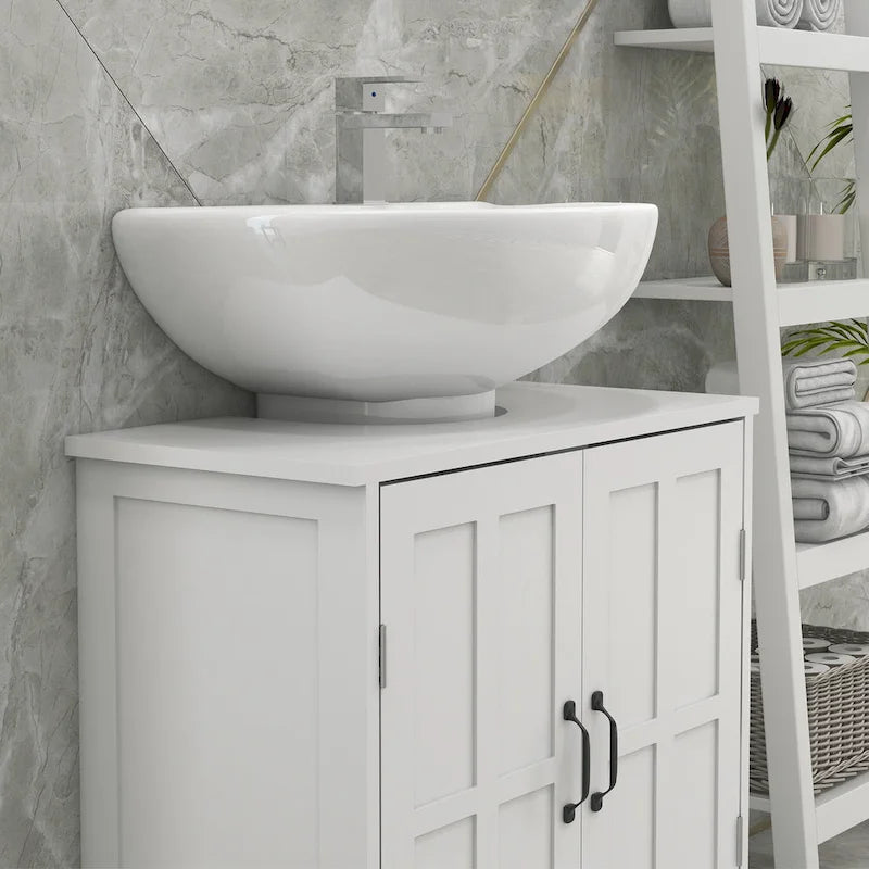 Meuble sous-lavabo, Meuble sous-lavabo sur pied avec étagère réglable, Blanc