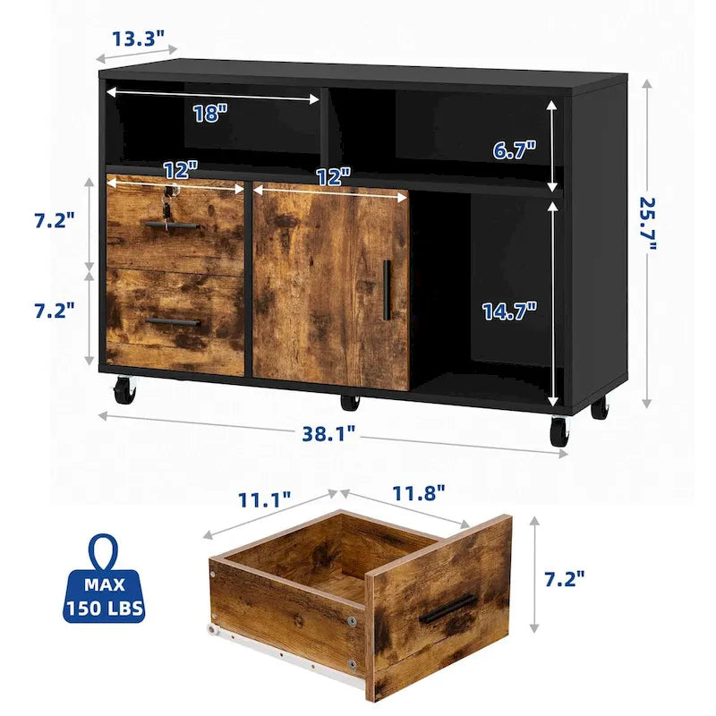 Classeur latéral en bois à 2 tiroirs avec serrure et étagères ouvertes pour bureau à domicile