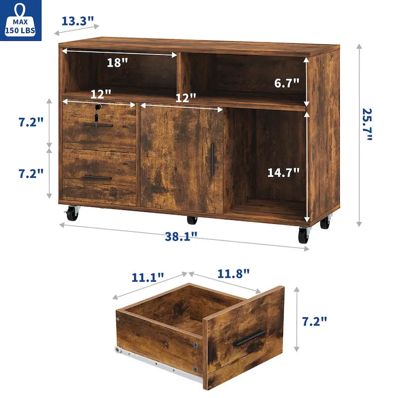 Classeur latéral en bois à 2 tiroirs avec serrure et étagères ouvertes pour bureau à domicile