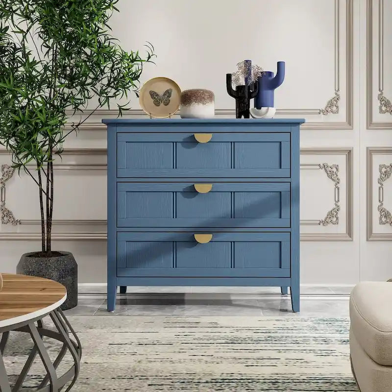 Meuble de rangement bleu de 77 cm de haut avec 3 tiroirs et tapis antidérapants - 80 x 38 cm