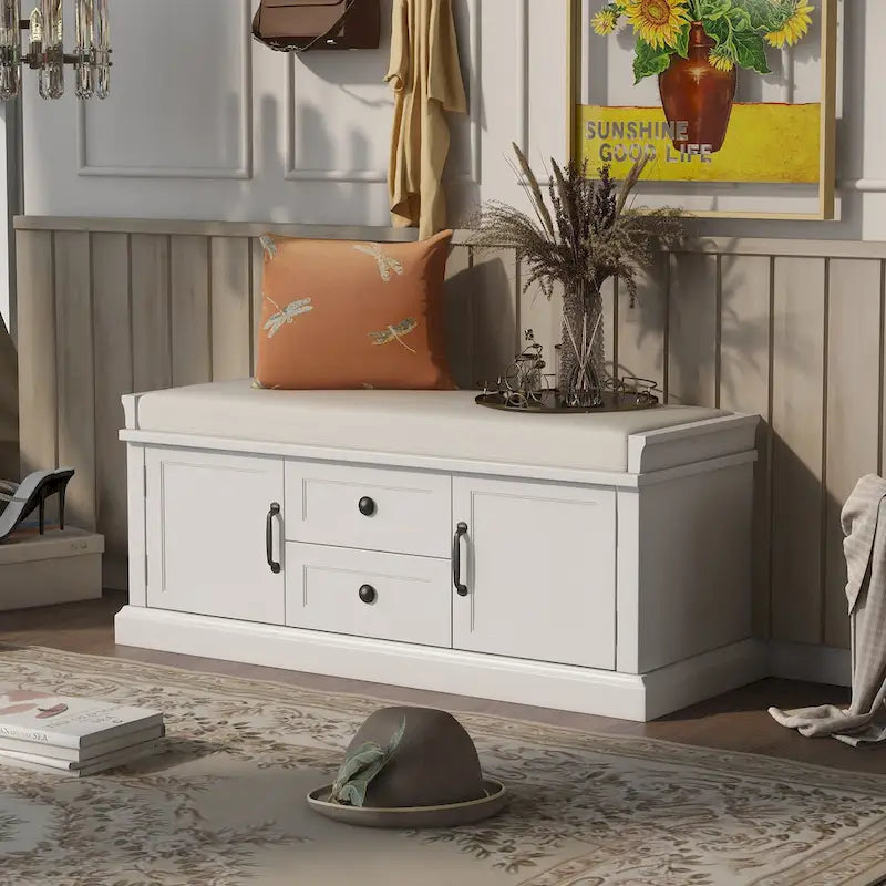 Banc de rangement avec 2 tiroirs et 2 placards, Banc à chaussures avec coussin amovible pour le salon