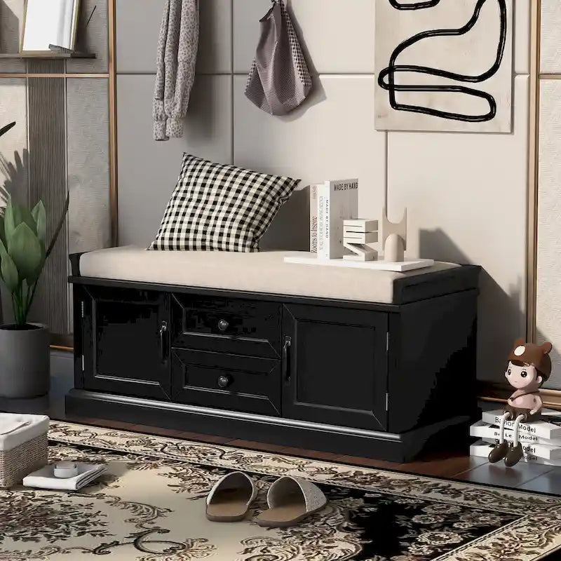 Banc de rangement avec 2 tiroirs et 2 placards, Banc à chaussures avec coussin amovible pour le salon
