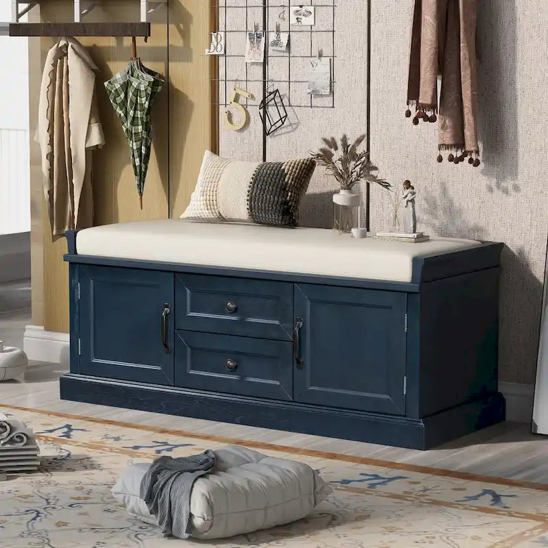 Banc de rangement avec 2 tiroirs et 2 placards, Banc à chaussures avec coussin amovible pour le salon