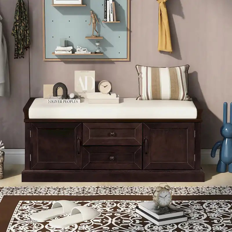 Banc de rangement avec 2 tiroirs et 2 placards, Banc à chaussures avec coussin amovible pour le salon
