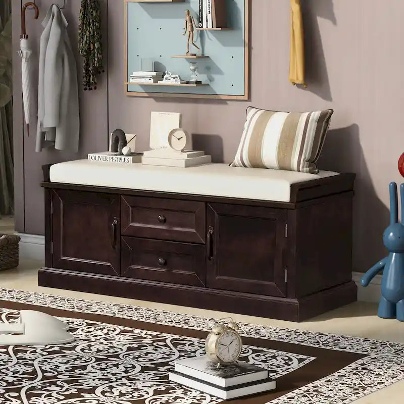 Banc de rangement avec 2 tiroirs et 2 placards, Banc à chaussures avec coussin amovible pour le salon