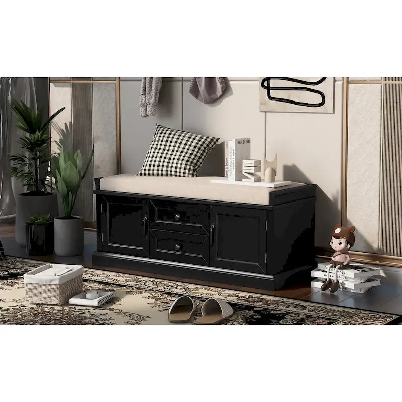 Banc de rangement avec 2 tiroirs et 2 placards, Banc à chaussures avec coussin amovible pour le salon