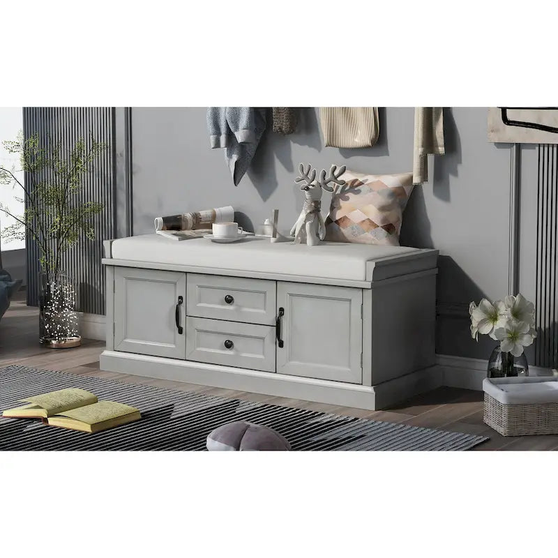 Banc de rangement avec 2 tiroirs et 2 placards, Banc à chaussures avec coussin amovible pour le salon
