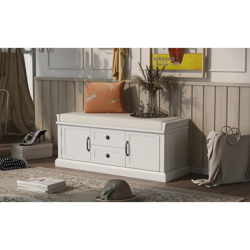 Banc de rangement avec 2 tiroirs et 2 placards, Banc à chaussures avec coussin amovible pour le salon