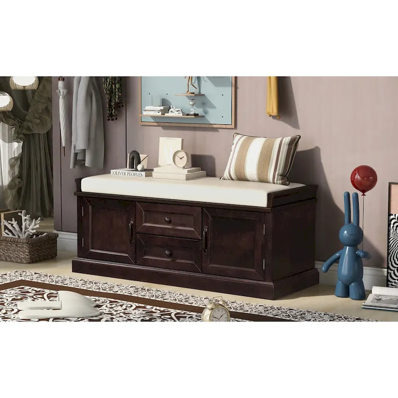 Banc de rangement avec 2 tiroirs et 2 placards, Banc à chaussures avec coussin amovible pour le salon