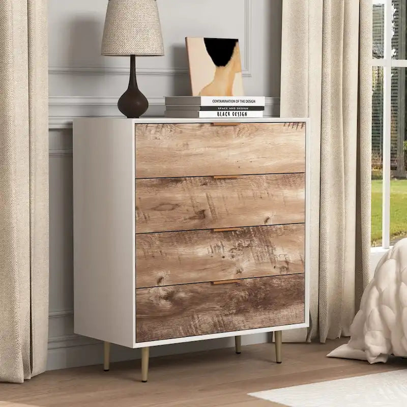 Commode en bois haute à 4 tiroirs, avec 4 pieds en métal, dispositif anti-basculement pour chambre, salon