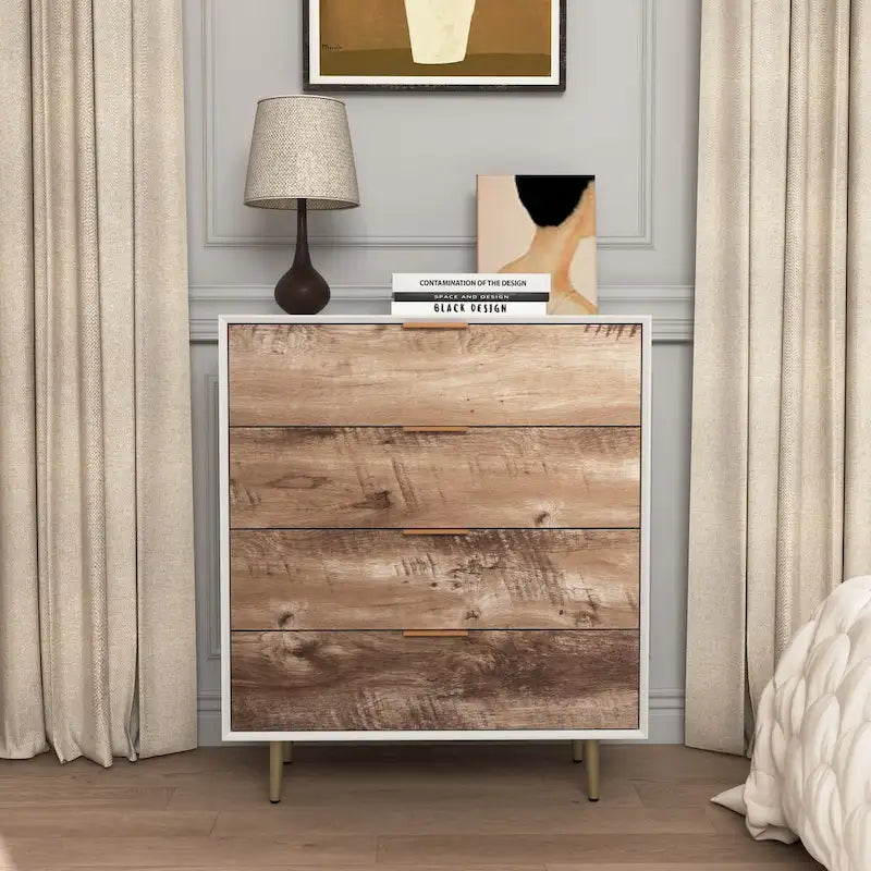 Commode en bois haute à 4 tiroirs, avec 4 pieds en métal, dispositif anti-basculement pour chambre, salon
