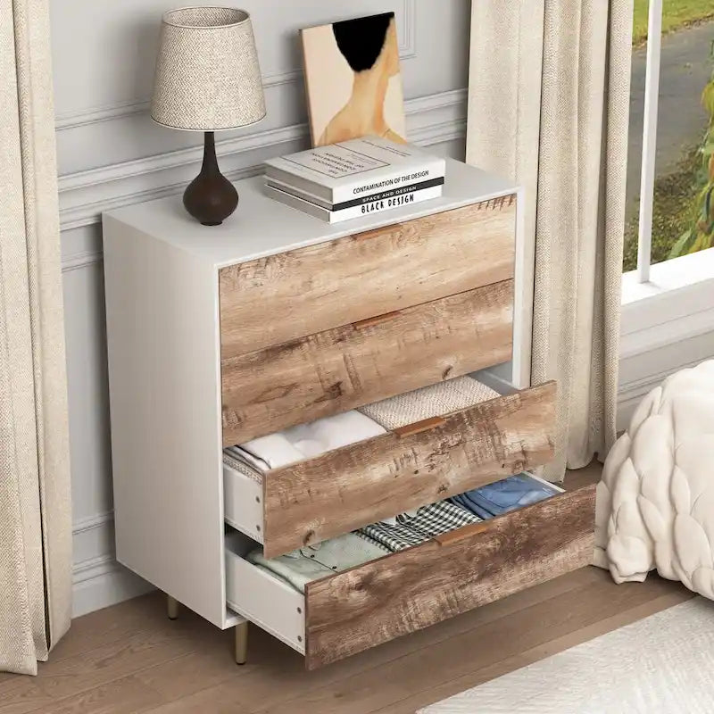 Commode en bois haute à 4 tiroirs, avec 4 pieds en métal, dispositif anti-basculement pour chambre, salon
