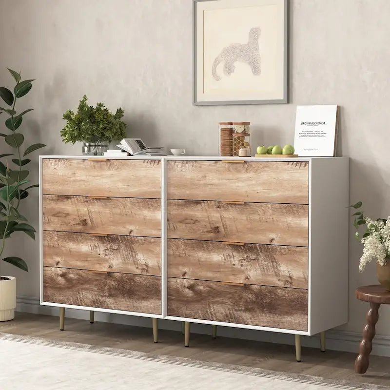 Commode en bois haute à 4 tiroirs, avec 4 pieds en métal, dispositif anti-basculement pour chambre, salon