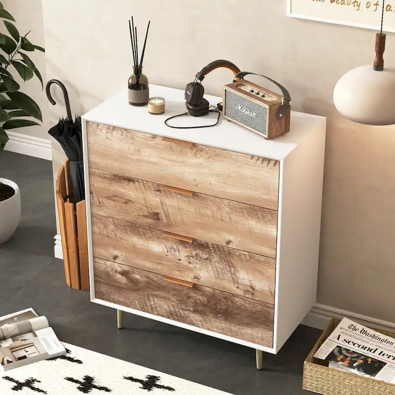 Commode en bois haute à 4 tiroirs, avec 4 pieds en métal, dispositif anti-basculement pour chambre, salon