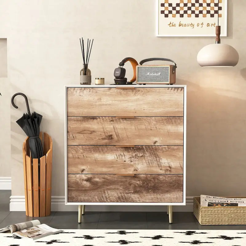 Commode en bois haute à 4 tiroirs, avec 4 pieds en métal, dispositif anti-basculement pour chambre, salon