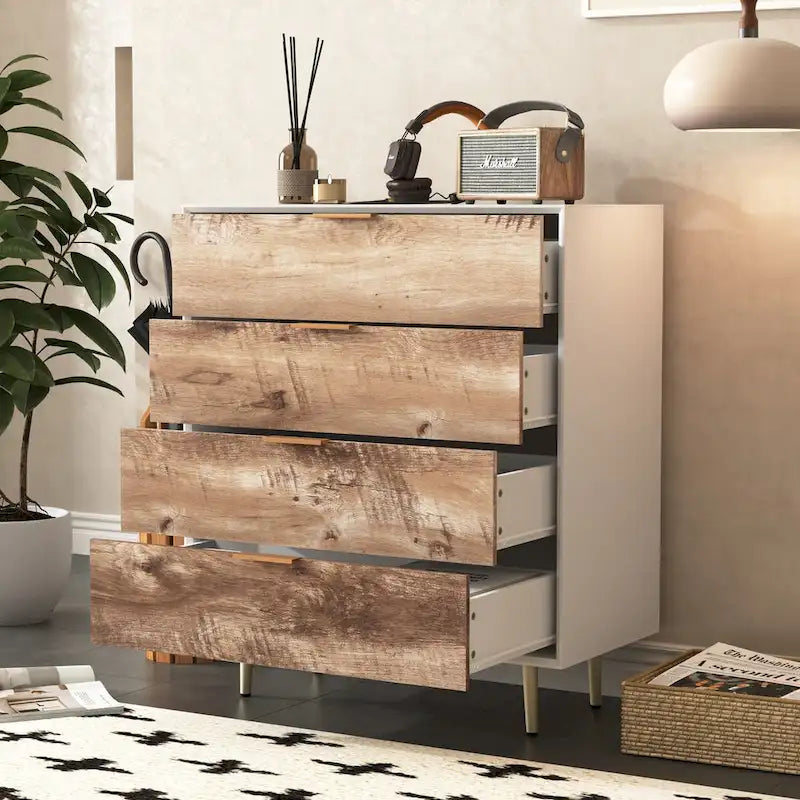 Commode en bois haute à 4 tiroirs, avec 4 pieds en métal, dispositif anti-basculement pour chambre, salon