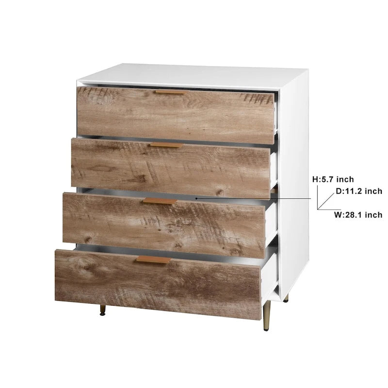 Commode en bois haute à 4 tiroirs, avec 4 pieds en métal, dispositif anti-basculement pour chambre, salon