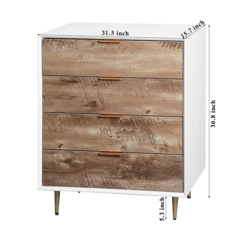 Commode en bois haute à 4 tiroirs, avec 4 pieds en métal, dispositif anti-basculement pour chambre, salon