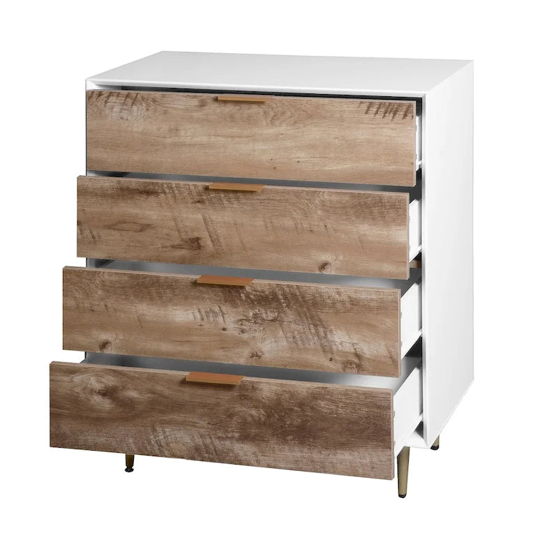 Commode en bois haute à 4 tiroirs, avec 4 pieds en métal, dispositif anti-basculement pour chambre, salon