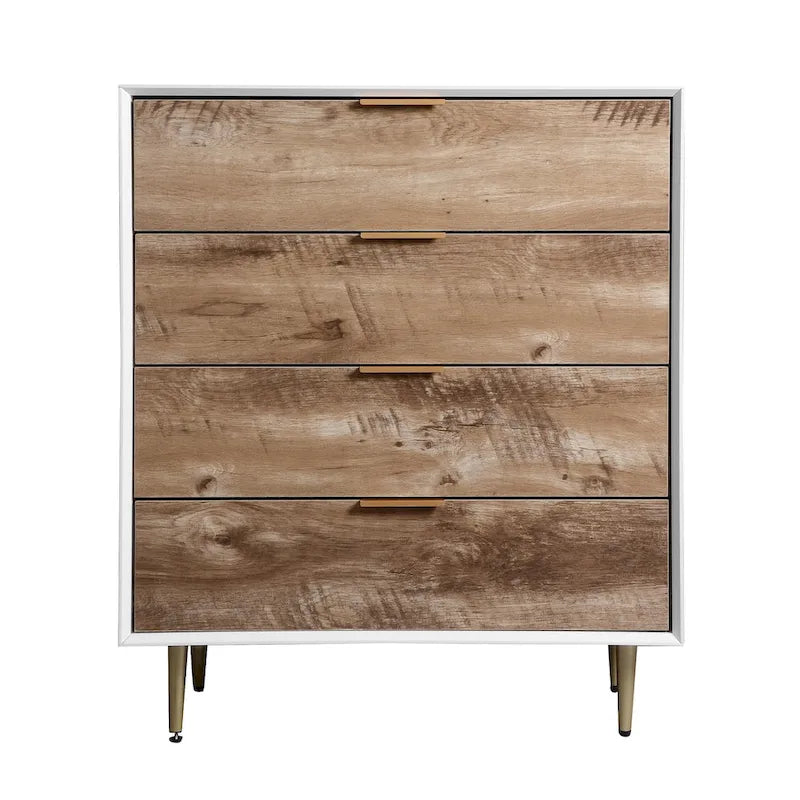 Commode en bois haute à 4 tiroirs, avec 4 pieds en métal, dispositif anti-basculement pour chambre, salon